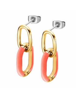 LS2330-4/4 Pendientes Acero IP Dorado Lotus Style 2 Eslabones Oval Esmalte Coral