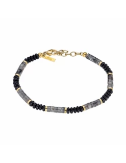 LS2373-2/1 Pulsera Hombre Acero Ip Dorado Lotus Style Piedras Negras Y Grises