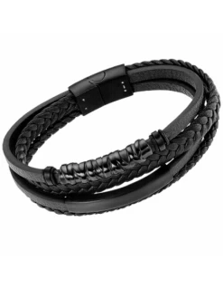 LS2384-2/1 Pulsera Hombre Acero IP Negro Lotus Style Cuatro Cueros Y Motivos Acero