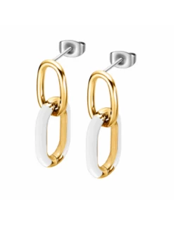 Pendientes Acero IP Dorado Lotus Style 2 Eslabones Oval Esmalte Blanca