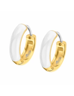 Pendientes Acero IP Dorado Lotus Style Aro Con Esmalte Blanco