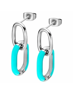 Pendientes Acero Lotus Style 2 Eslabones Oval Esmalte Turquesa