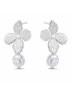 Pendientes De Plata Rodiada. Hojas Con Perla Plana Sintética Cogante.