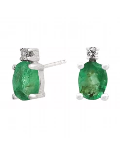Pendientes Oro Blanco Mujer. Esmeralda Oval Y Diamantes.