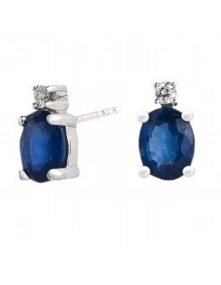Pendientes Oro Blanco Mujer. Zafiro Oval Y Diamantes.