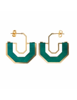 Pendientes Plata Chapada Oro Medio Exágono Con Esmalte Verde.