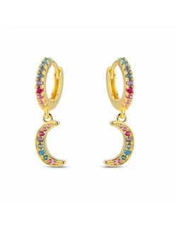 Pendientes Plata Chapada Promojoya Aro Con Luna Circonitas Multicolor