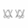 Pendientes Plata De Ley Rodiada. Dos Hilos Con Circonitas Y Dos Hilos Lisos En "X". Presión. -Tienda De Joyería De Moda pendientes plata de ley rodiada dos hilos con circonitas y dos hilos lisos en x presion