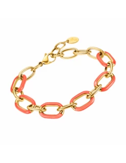 Pulsera Acero Lotus Style Eslabones Oval Con Esmalte Coral