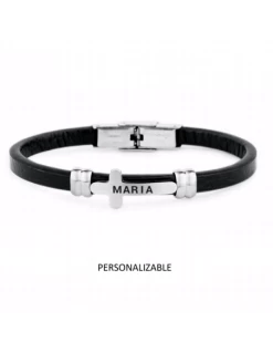 Pulsera Acero-Piel.Chapa Cruz.Personalizable.Marrón.Cadete