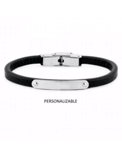 Pulsera De Acero Y Piel.Chapa.Personalizable.Negra.Cadete