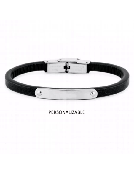 Pulsera De Acero Y Piel.Chapa.Personalizable.Negra.Cadete 3 Pulsera De Acero Y Piel.Chapa.Personalizable.Negra.Cadete