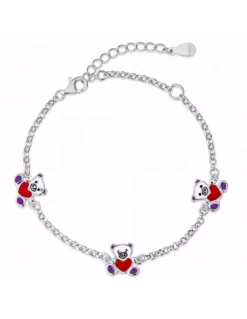 Pulsera De Plata. Niña. Cadena Rolo Con Tres Ositos Esmalte