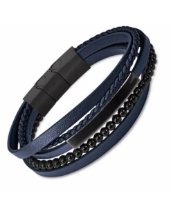 Pulsera Hombre Acero Ip Negro Lotus Style Piel Azul