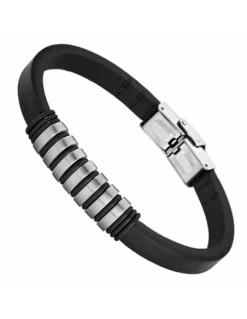 Pulsera Hombre Acero Lotus Style Piel Negra.