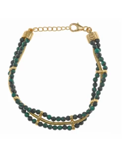 Pulsera Salvatore De Plata Chapada En Oro Triple. Dos Hilos De Malaquitas Facetadas Y Cadena Cola De Topo.