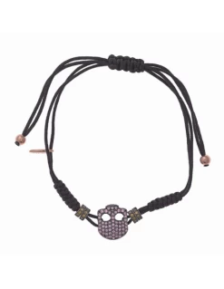 Pulsera Salvatore Plata Bañada En Oro Rosa Y Capa De Rutenio. Calavera Con Circonitas Rosa Y Peridoto Verde. Macramé