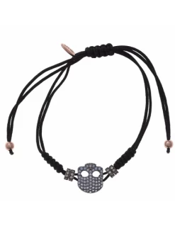 Pulsera Salvatore Plata Bañada En Rutenio. Calavera Con Circonitas Amarillas Y Espinelas Azules. Macramé.