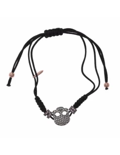 Pulsera Salvatore Plata Bañada En Rutenio. Calavera Con Circonitas Azules Y Amarillas. Macramé.