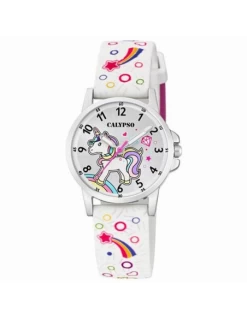 Reloj Niña Acero Calypso Correa Blanca. Unicornio.