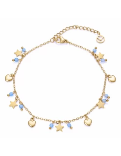 Tobillera Acero IP Oro Viceroy Fashion. Piedras Naturales Azules Y Colgantes De Estrellas Y Corazones.
