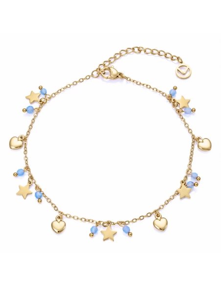 Tobillera Acero IP Oro Viceroy Fashion. Piedras Naturales Azules Y Colgantes De Estrellas Y Corazones. 3 Tobillera Acero IP Oro Viceroy Fashion. Piedras Naturales Azules Y Colgantes De Estrellas Y Corazones.